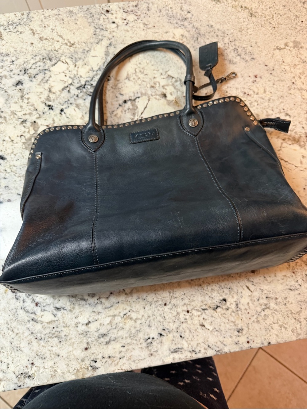 Navy Leather Stud-Accent Tote Bag
